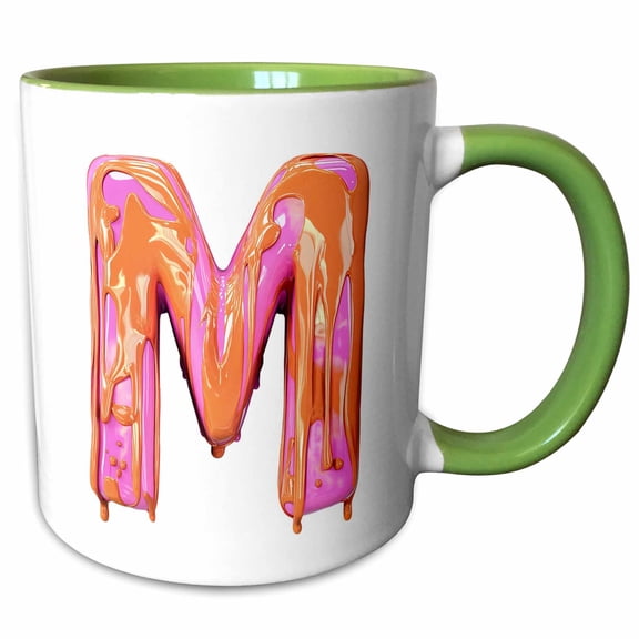 3drose, Modern Pink and Orange Image of Dripping Paint Monogram Initial M, 11oz Two-tone Green Mug