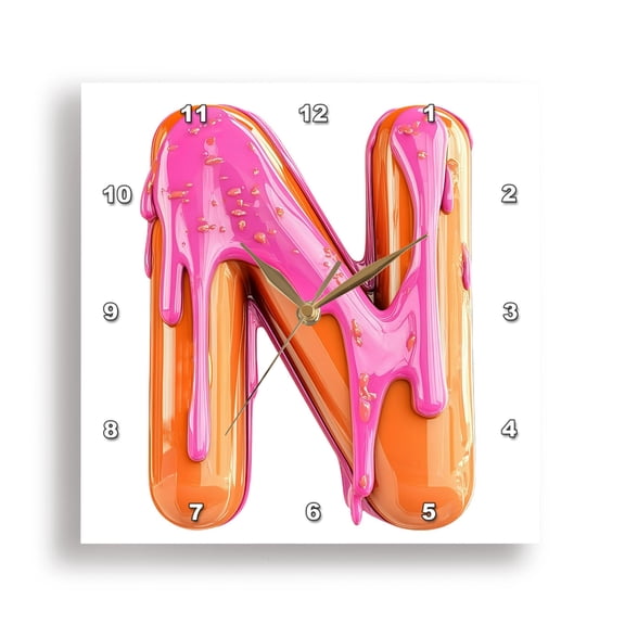 3dRose, Modern Pink and Orange Image Of Dripping Paint Monogram Initial N, 15x15 Wall Clock