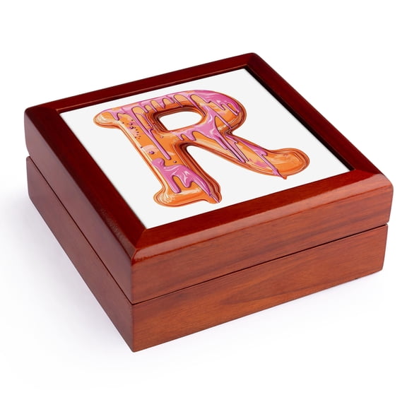 3dRose, Modern Pink and Orange Image Of Dripping Paint Monogram Initial R, Jewelry Box 5.5x5.5 inch with 4 inch tile
