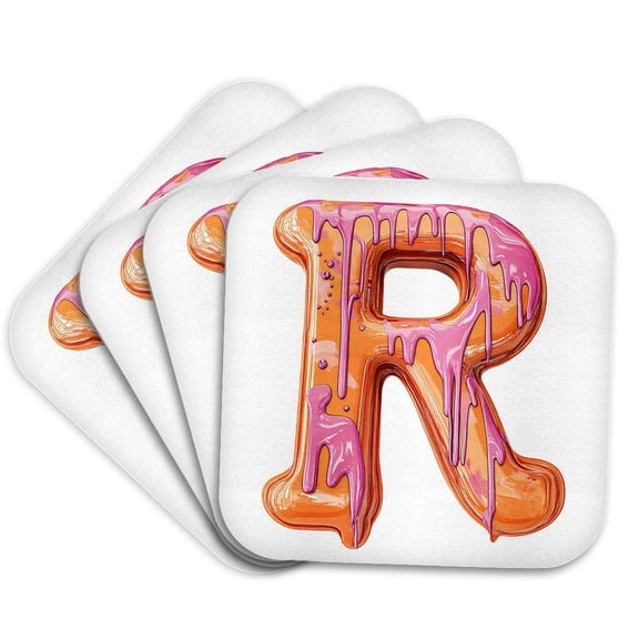 3drose, Modern Pink and Orange Image of Dripping Paint Monogram Initial R, Set of 4 Coasters - Soft