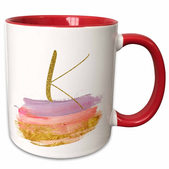 3drose, Modern Purple, Pink, Gold, Brush Strokes Monogram K, 11oz Two-tone Red Mug