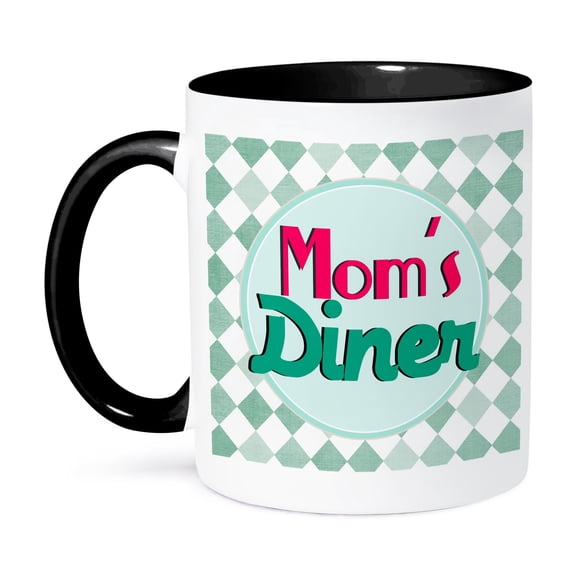 3dRose, Moms Diner on aqua. Retro hot pink turquoise teal blue 1950s style 50s fifties kitchen Mothers day, 15oz Two-Tone Black Mug