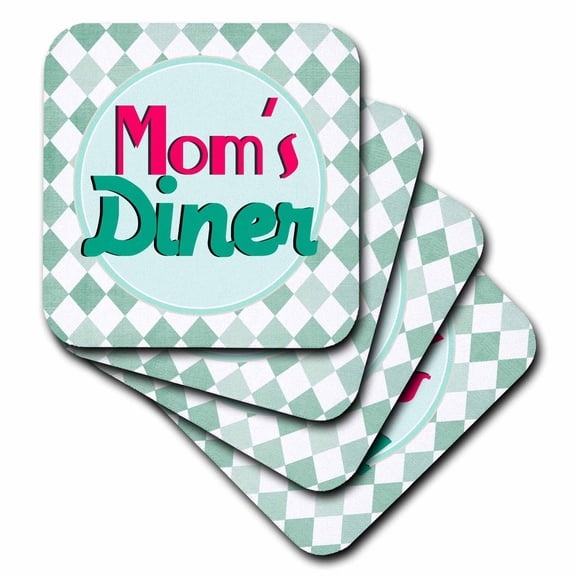 3dRose, Moms Diner on aqua. Retro hot pink turquoise teal blue 1950s style 50s fifties kitchen Mothers day, set of 8 Coasters - Soft