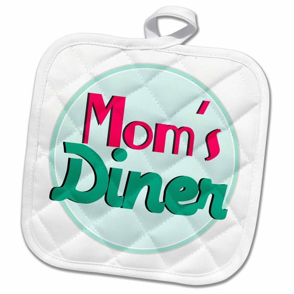 3dRose, Moms Diner on white. Retro hot pink turquoise teal blue 1950s style 50s fifties kitchen Mothers day, 8x8 Potholder