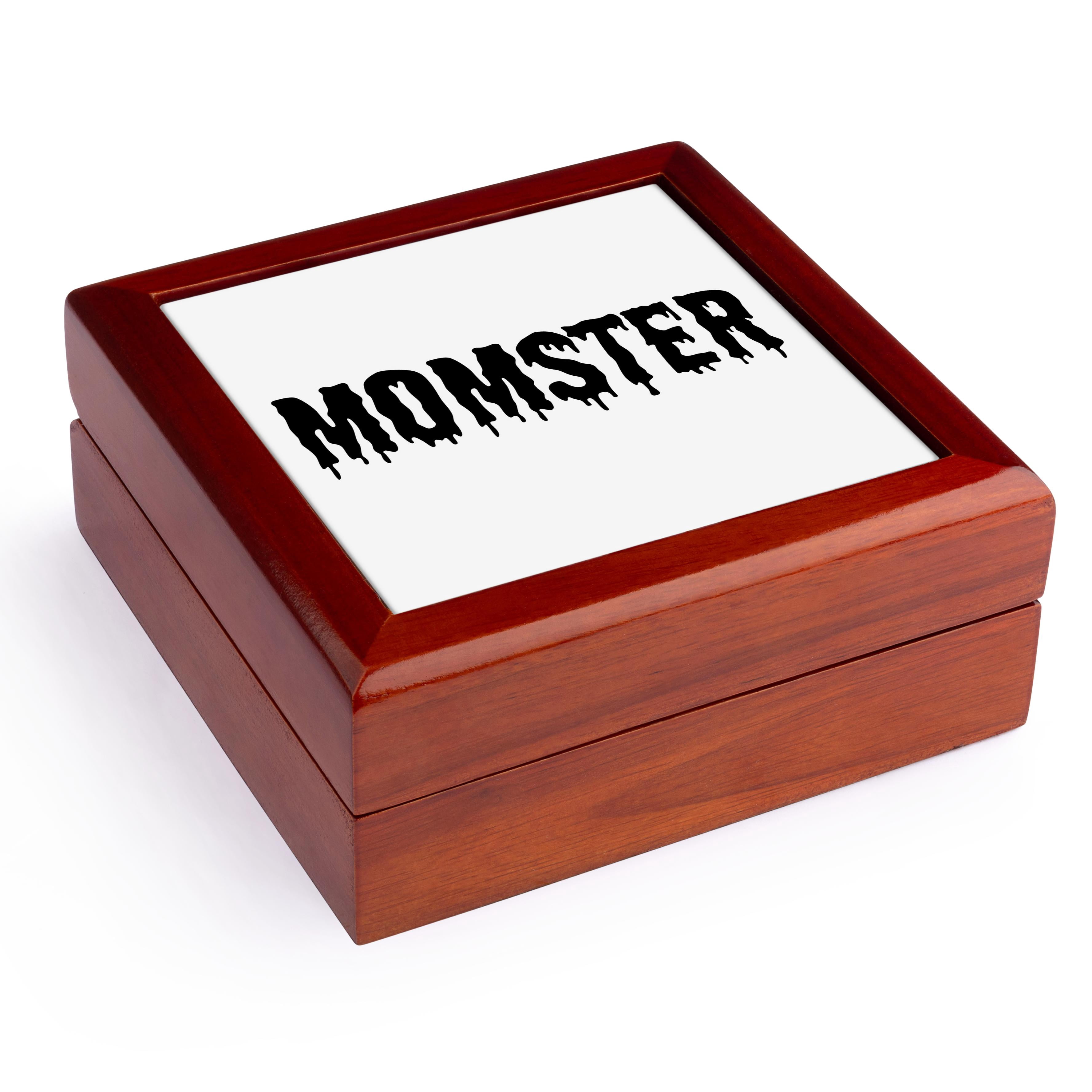 3dRose, Momster. Black drippy lettering on a white background. , Jewelry Box 5.5x5.5 inch with 4 inch tile