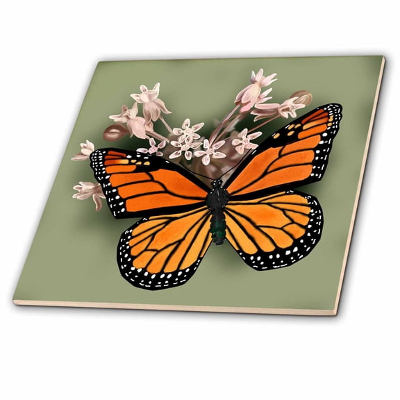 3dRose, Monarch Butterfly and Pink Milkweed, 4 Inch Ceramic Tile