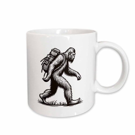 3drose, Monochrome Illustration of a Bigfoot Hiking, 11oz Mug