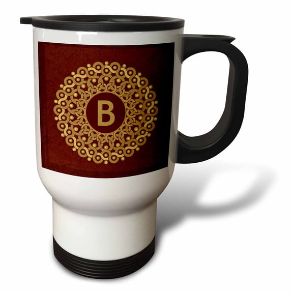 3dRose, Monogram B tan and coffee mandala on warm chocolate muted grunge damask, 14oz Stainless Steel Travel Mug