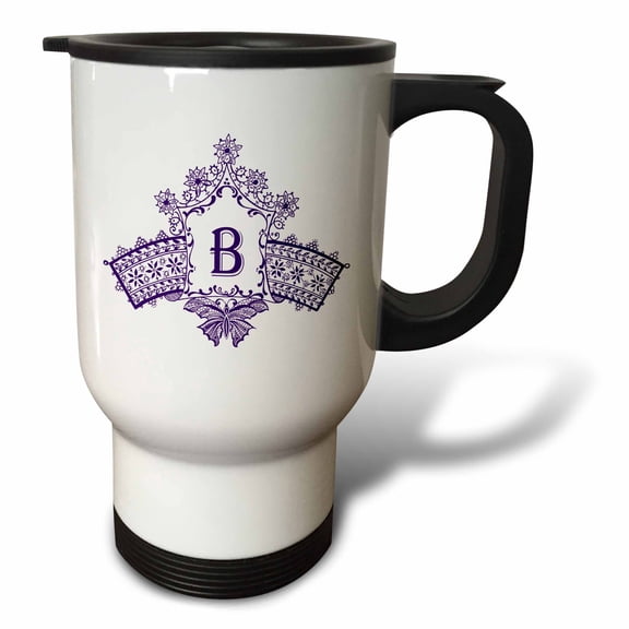 3dRose, Monogram Initial B in Purple Diadem with Butterfly Detail, 14oz Stainless Steel Travel Mug