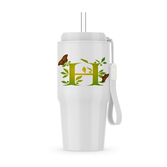 Monogram Initial H In Leafy Green And Yellow With Butterflies, 20oz Tumbler
