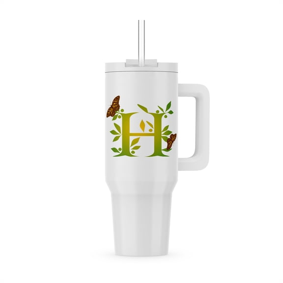 Monogram Initial H In Leafy Green And Yellow With Butterflies, 30oz Tumbler