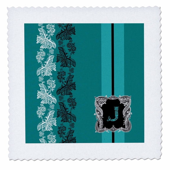 3dRose, Monogram Initial J in Teal White and Black Lace, 12x12 inch quilt square