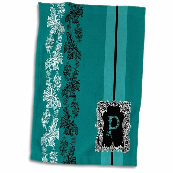 3dRose Monogram Initial P in Teal White and Black Lace - Towel, 15 by 22-inch