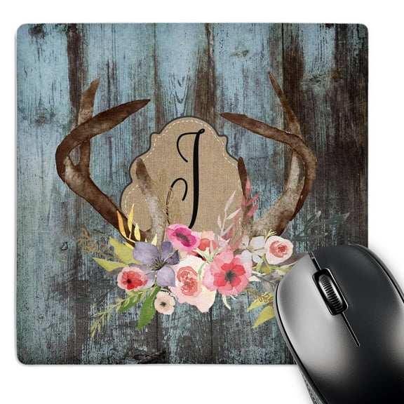 3dRose, Monogram J On An Image Of Blue Wood And Floral Antlers Illustration, MousePad