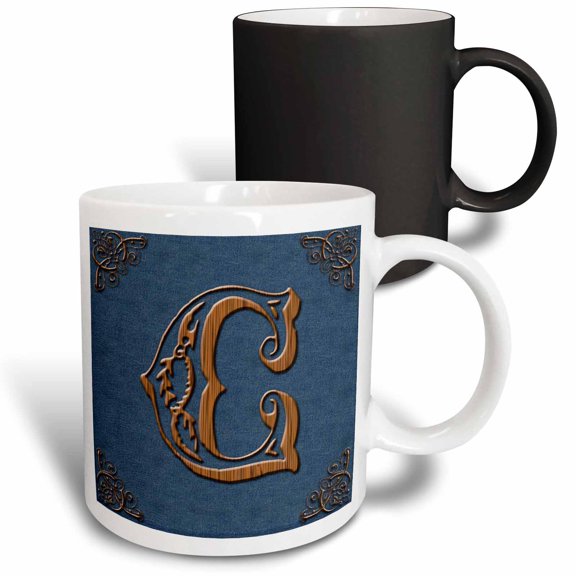3drose, Monogram Letter C in Victorian Western Font That Looks Like Carved Oak Wood on a Denim Background., 11oz Magic Transforming Mug