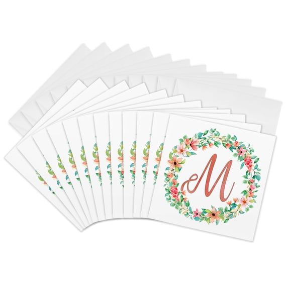 3drose, Monogram M on an Image of a Watercolor Tropical Wreath, 12 Greeting Cards with Envelopes