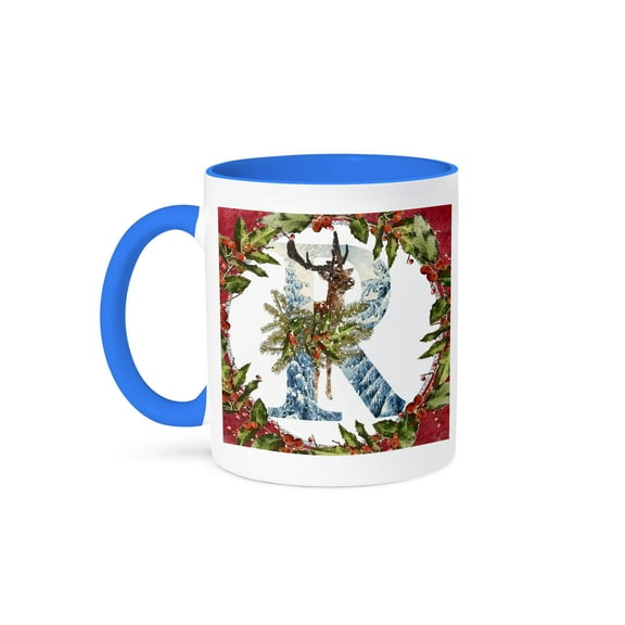 3drose, Monogram R Christmas Deer Buck Decorative Initial, 11oz Two-tone Blue Mug
