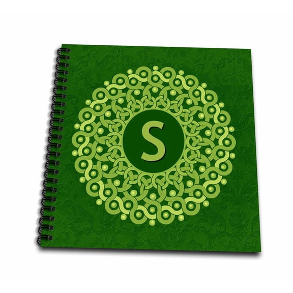 3dRose, Monogram S lime and olive green mandala on forest green muted grunge damask, Drawing Book 8 x 8 inch