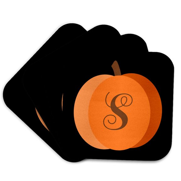 3drose, Monogram Cursive S Inside an Orange Pumpkin on a Black Background., Set of 4 Coasters - Soft