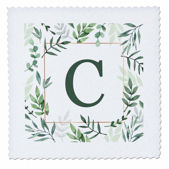 3dRose, Monogram initial letter C in green framed in leaves and a gold square., 10x10 inch quilt square
