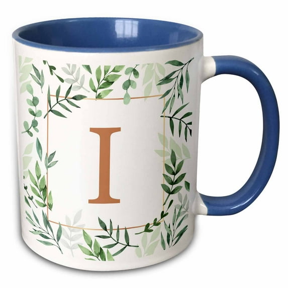 3drose, Monogram Initial Letter I in Gold Framed in Leaves and a Gold Square., 11oz Two-tone Blue Mug
