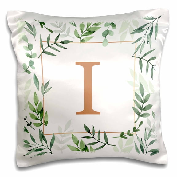 3dRose, Monogram initial letter I in gold framed in leaves and a gold square., 16x16 inch Pillow Case