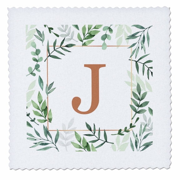 3dRose, Monogram initial letter J in gold framed in leaves and gold square., 10x10 inch quilt square