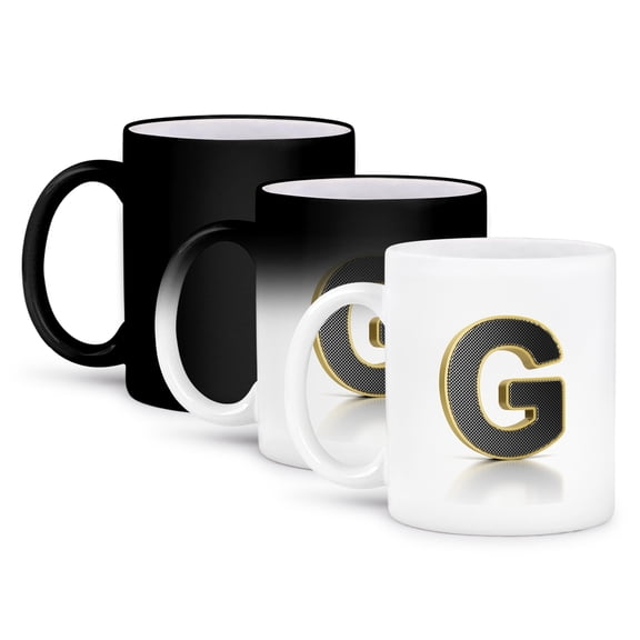 3dRose, Monogram letter G in golden metal with perforated front in gray, 11oz Magic Transforming Mug
