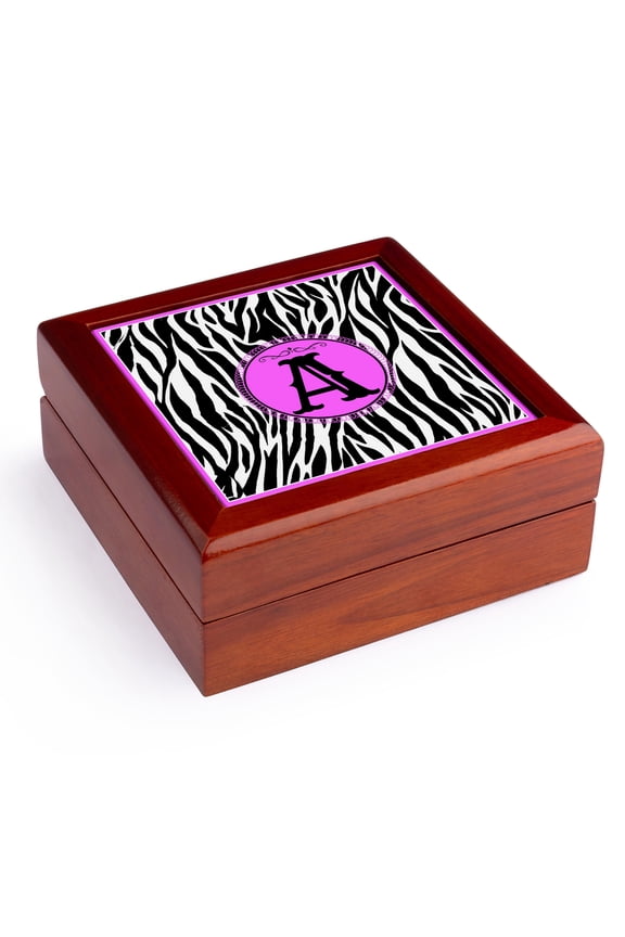 , Monogram with A initial  Zebra background Hot Pink design, Jewelry Box 5.5x5.5 inch with 4 inch tile