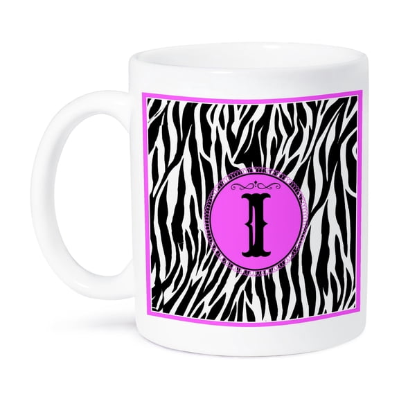 3dRose, Monogram with I initial Zebra print and Hot Pink design, 15oz Mug