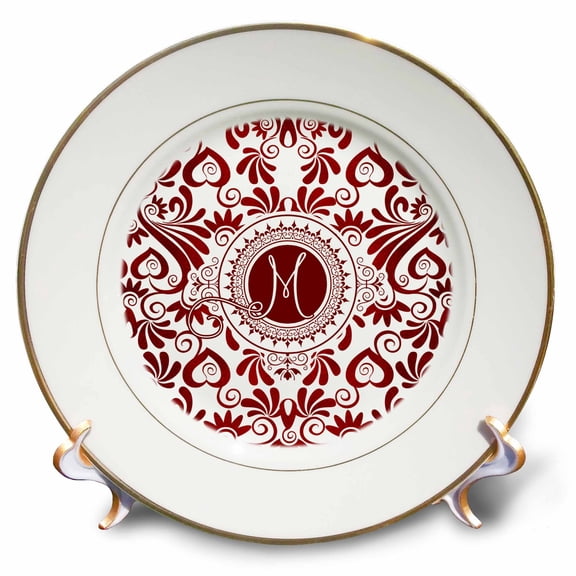 3dRose, Monogrammed Red and White Elegance with Letter M, 8 inch Porcelain Plate