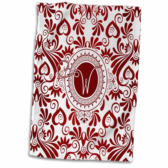 3dRose, Monogrammed Red and White Elegance with Letter W, 15x22 Hand Towel
