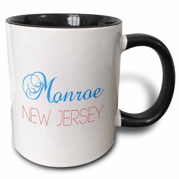 3drose, Monroe, New Jersey, Red, Blue Text. Patriotic Home Town Design, 11oz Two-tone Black Mug