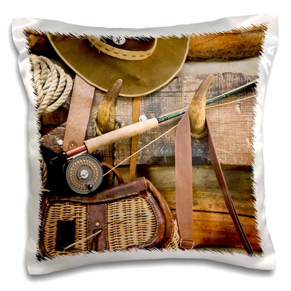 3drose, Montana. Fishing Gear and Hat, Log Cabin - Us27 Bja0046 - Jaynes Gallery, 16x16 inch Pillow Case