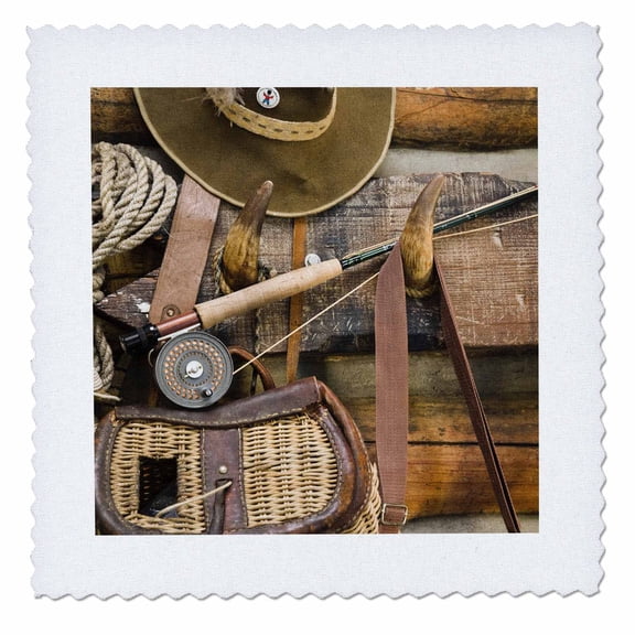 3dRose, Montana. Fishing gear and hat, log cabin - US27 BJA0046 - Jaynes Gallery, 12x12 inch quilt square