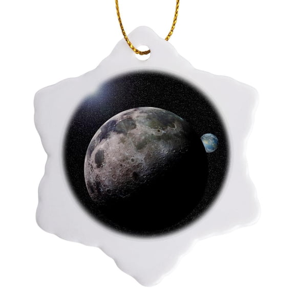 3drose, Moon Dance Solar System Scene of Planet Earth and Moon Dancing in Space Orbit, 3 inch Snowflake Porcelain Ornament