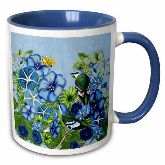 3drose, Morning Glory Garden September Birth Flower with Birds, Butterflies Perfect for September Birthday, 11oz Two-tone Blue Mug
