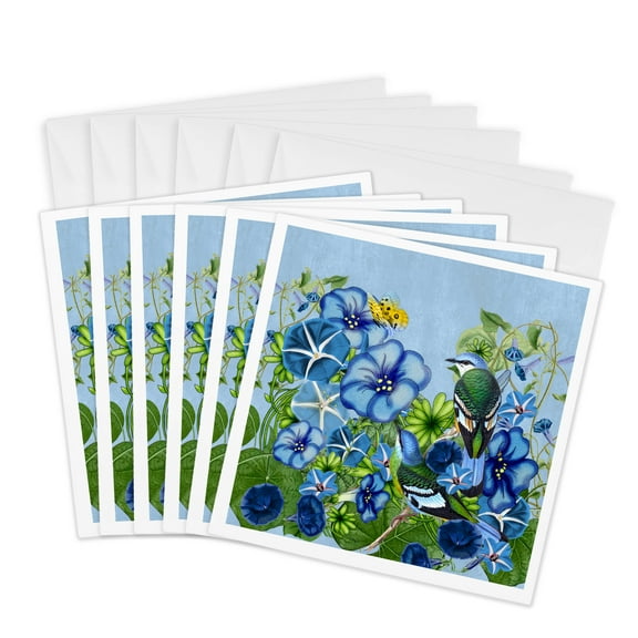 3drose, Morning Glory Garden September Birth Flower with Birds, Butterflies Perfect for September Birthday, 6 Greeting Cards with Envelopes