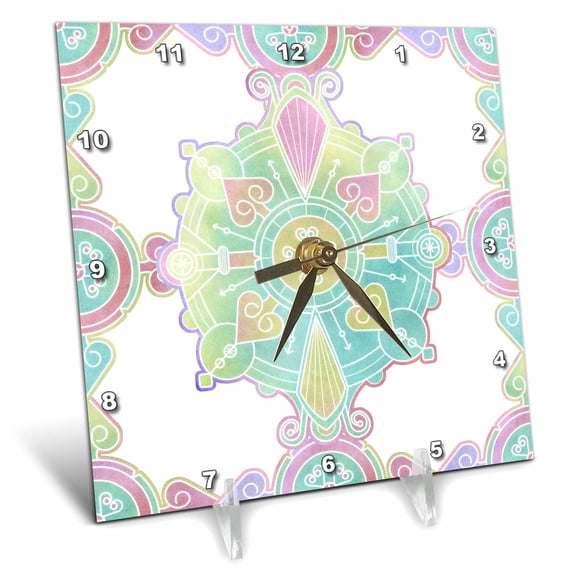 3dRose, Moroccan Mandala Medallion Rainbow Watercolor, 6x6 Desk Clock