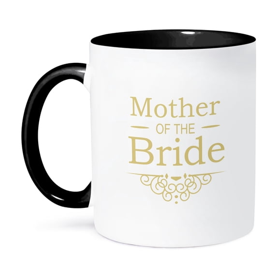 3dRose, Mother of the Bride for gold Wedding - part of matching marriage party ceremony set - classy swirls, 15oz Two-Tone Black Mug
