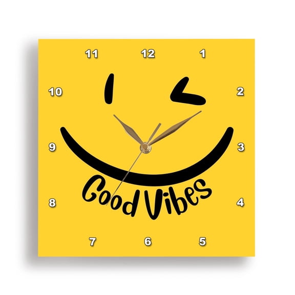 3dRose, Motivational quote Good Vibes Yellow Smiley, 15x15 Wall Clock