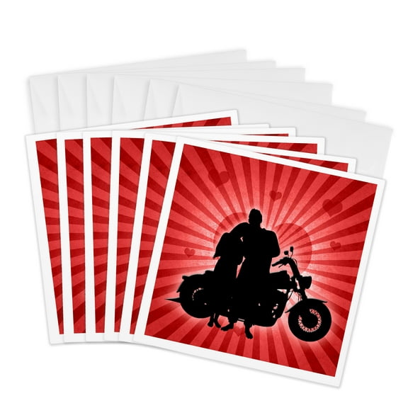 3drose, Motorcycle Love with the Silhouette of a Couple and a Heart Background, 6 Greeting Cards with Envelopes