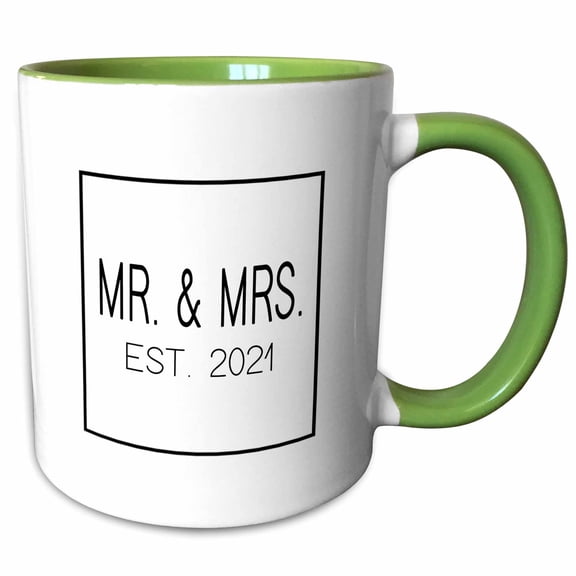 3drose, Mr and Mrs Est. 2021. Black Letters Inside Square on White Background., 11oz Two-tone Green Mug