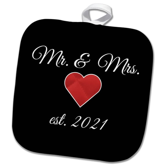 3dRose, Mr. and Mrs. with red heart est. 2021. White lettering on black., 8x8 Potholder
