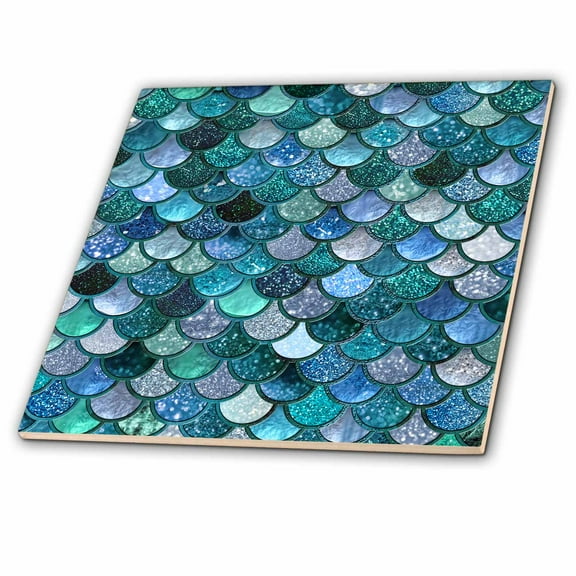 3dRose, Multicolor Girly Trend Blue Luxury Elegant Mermaid Scales Glitter, 12 Inch Ceramic Tile