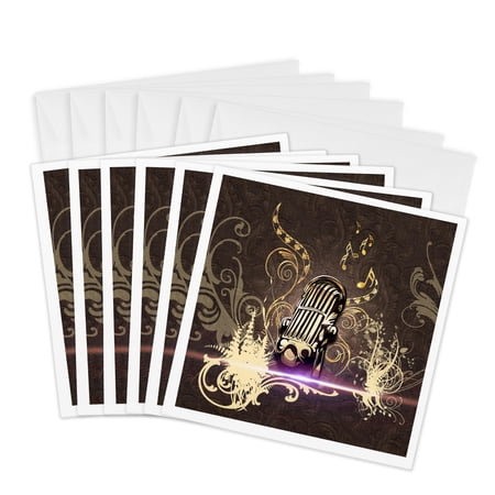 3dRose, Music, golden microphone on brown vintage background, 6 Greeting Cards with envelopes