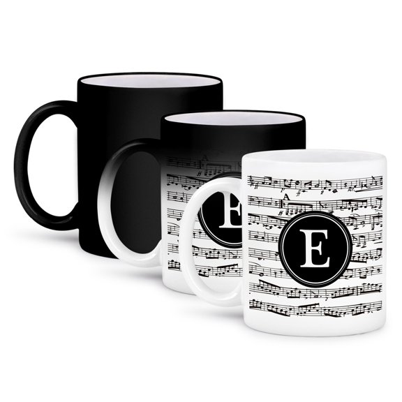 3drose, Musical Letter E Black and White Music Monogram Personal Initial E, 11oz Magic Transforming Mug