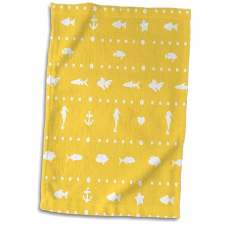 3dRose Mustard Yellow and White contemporary fish starfish seahorses and anchor nautical sea ocean pattern - Towel, 15 by 22-inch