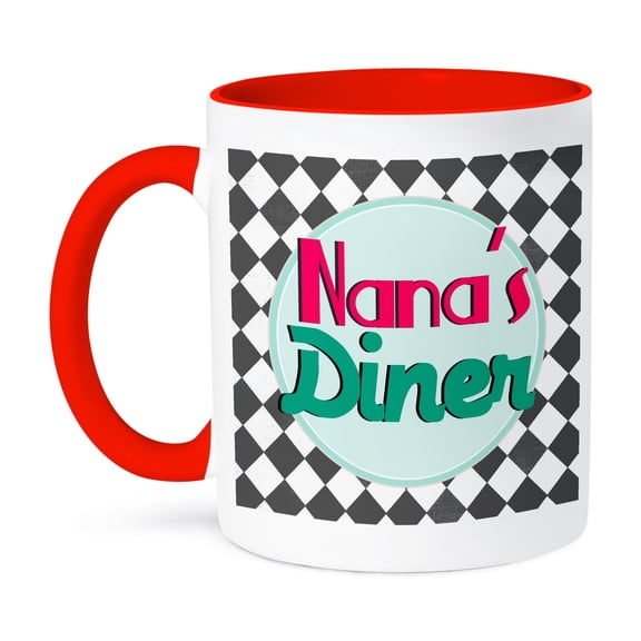 3dRose, Nanas Diner sign on black - Retro hot pink turquoise teal blue 1950s 50s fifties Grandmas kitchen, 11oz Two-Tone Red Mug