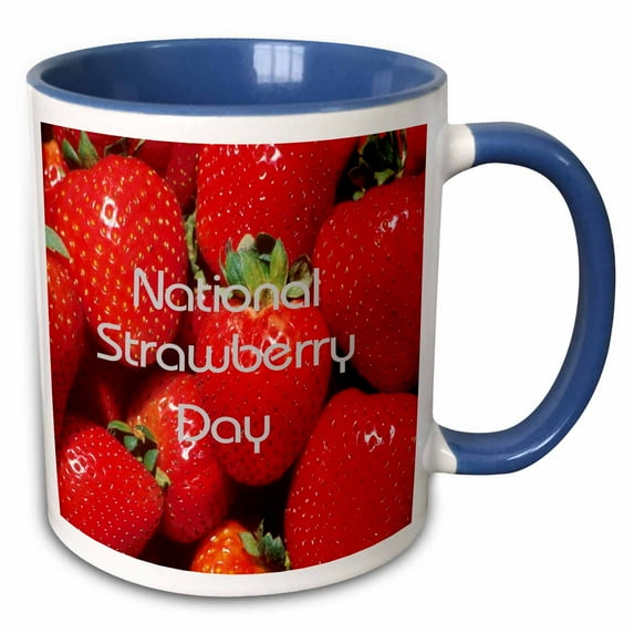 3drose, National Strawberry Day Bold Text with Strawberries Background, 15oz Two-tone Blue Mug